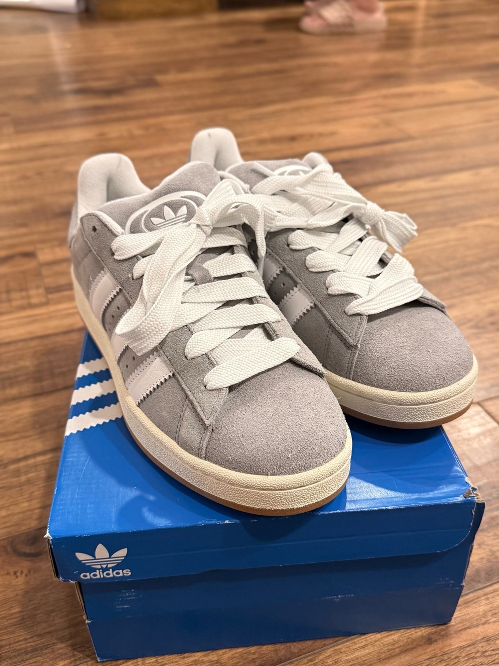 adidas Men’s Light Gray Suede Sneakers with White Stripes